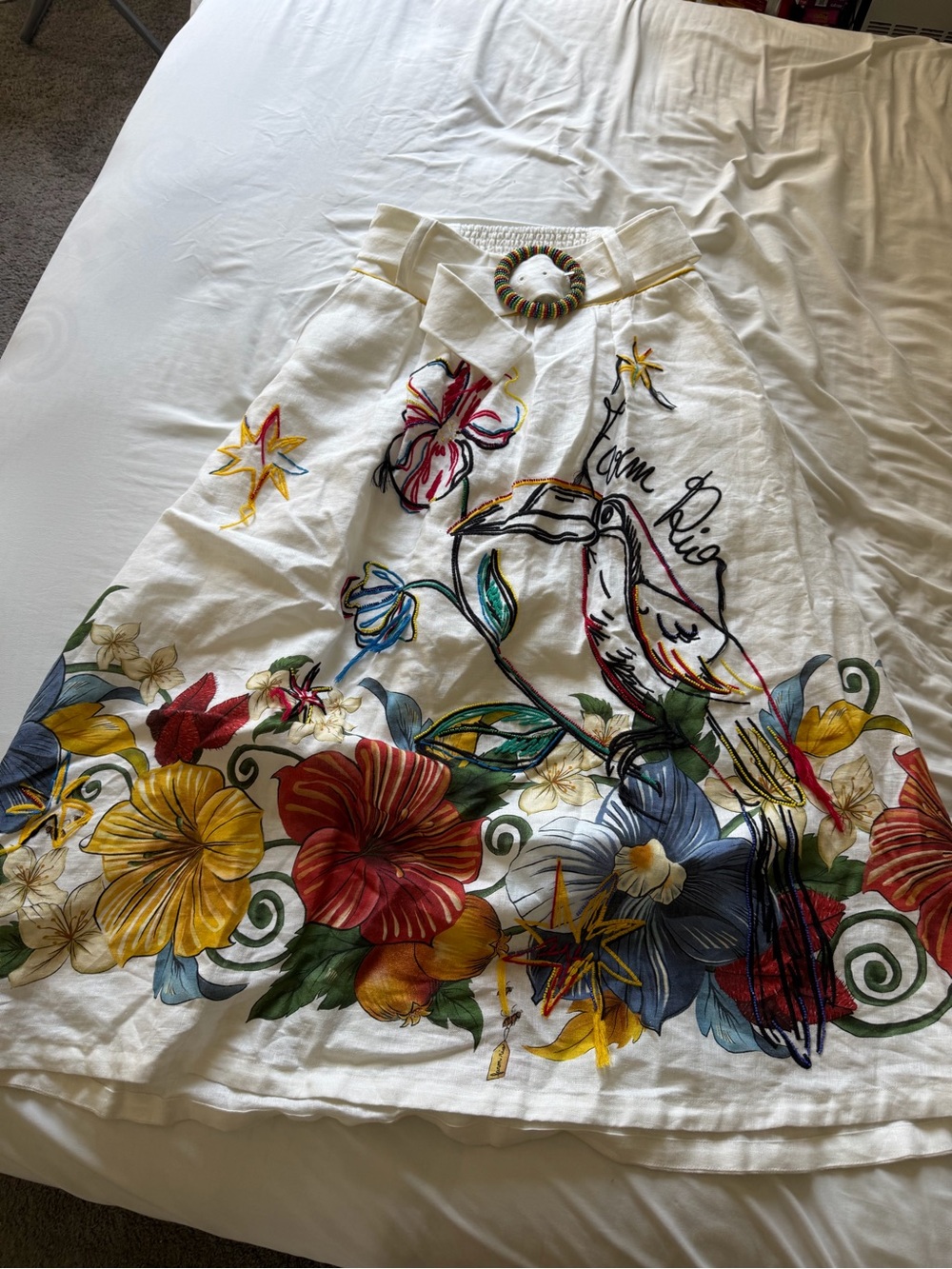 FARM Rio White A-Line Skirt with Multicolor Floral & Bird Embroidery